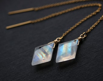 Rainbow Moonstone Threader Earrings in Gold, Geometric Rhombus Earrings, Blue Flash Moonstone Gemstone Drop, Gift Idea for Her