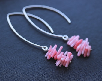 Pink Frangia Coral Earrings, Pink Coral Sterling Silver Earrings, Coral Jewelry, Bright Silver or Oxidized, Marquise Earrings