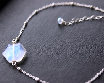Hexagon Gemstone Sterling Silver Bracelet, Rainbow Moonstone Hexagon Bracelet, Gemstone Chain Bracelet, Boho Gift Idea for Her