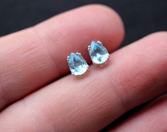 Blue Topaz Stud Earrings, December Birthday Jewelry Gift for Wife, Pear Shape Stud Earrings, Sterling Silver