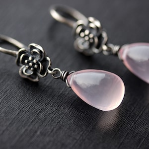 Rose Quartz Earrings, Oxidized Sterling Silver Rose Quartz, Smooth Blush Pink Stone with Floral Earwires, Gift for Mom, Mothers Day Gift