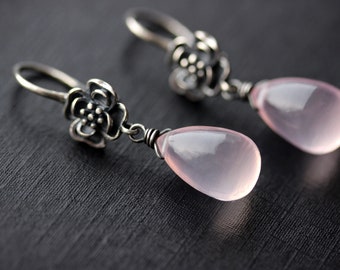 Rose Quartz Earrings, Oxidized Sterling Silver Rose Quartz, Smooth Blush Pink Stone with Floral Earwires, Gift for Mom, Mothers Day Gift