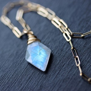 Moonstone Necklace, Moonstone Rhombus Gold Filled Necklace, Rainbow Moonstone Geometric Drop Pendant, June Birthstone Gift Idea for Her