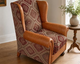 Vintage Leather & Kilim Wingback Armchair Tetrad Eastwood Style Accent Chair