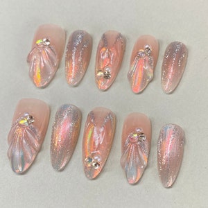 Luxuriöse Meerjungfrauen-Traum-Gelnägel mit Katzenaugen | 100 % handgefertigte Nägel | Press-On-Nägel | Nagelkunst | Fake-Coffin-Nägel | Mandelform