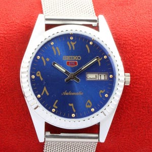 Vintage Refurbished Seiko 5 automatic japan day date blue arabic men&#39;s dial wrist watch 35mm...