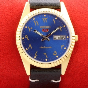 Vintage Refurbished Seiko 5 automatic japan day date blue arabic golden men&#39;s dial wrist watch 35mm...