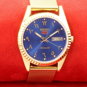 Vintage Refurbished Seiko 5 automatic japan day date golden blue arabic dial working wrist watch 35mm