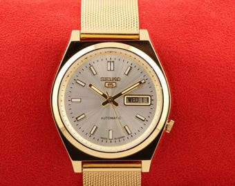 Montre-bracelet vintage Seiko 5 automatique, date du jour, cadran argent doré, japon remise à neuf