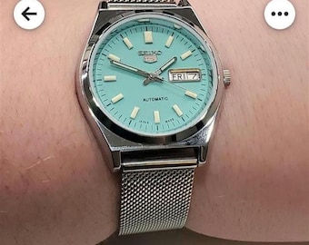Vintage Überholte Seiko 5 Automatik Japan Day Date Türkisfarbene Ziffernblatt Armbanduhr 37,5 mm