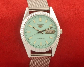 Vintage Refurbished Seiko 5 automatic japan day date turquoise men&#39;s dial wrist watch 35mm