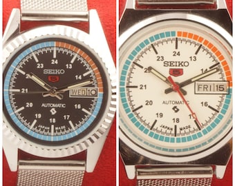 Lot of 2 Vintage Refurbished Seiko 5 automatic japan day date white/black racer dial wrist watch 37.5mm