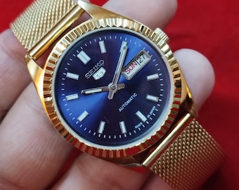 Montre-bracelet automatique Seiko 5, date du jour, cadran bleu doré, remise à neuf, 35 mm, collection homme