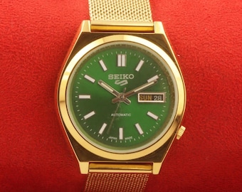 Montre-bracelet vintage japonaise Seiko 5, date automatique, cadran vert doré, remise à neuf