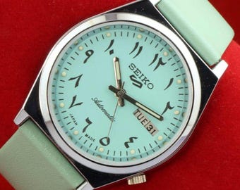 Montre-bracelet automatique unisexe Seiko 5, date du jour du Japon, turquoise, cadran arabe pour dames vintage 37,5 mm