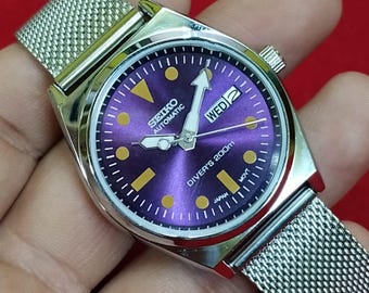 Vintage Refurbished Seiko 5 automatic japan day date purple color elegant dial men's wrist watch 37.5mm