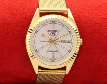 Vintage Refurbished Seiko 5 automatic japan day date golden silver dial working wrist watch 35mm