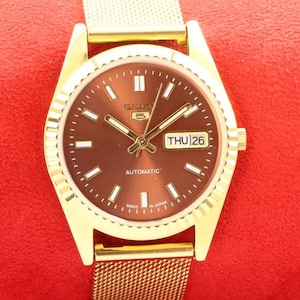 seiko 5 vintage automatic japan day date golden brown dial working wrist watch 35mm pre-owned