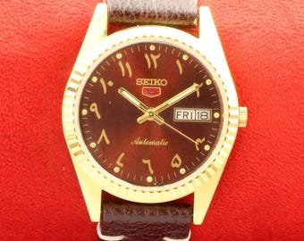 Vintage montre-bracelet pour hommes Seiko 5 automatique japon jour date arabe brun doré 35 mm...