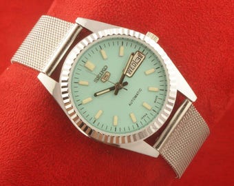 vintage montre-bracelet pour hommes Seiko 5 automatique Japon jour date turquoise 35 mm... garde-temps