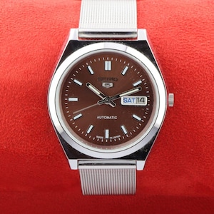 Vintage Refurbished Seiko 5 automatic japan day date brown dial working wrist watch