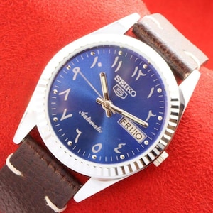 Vintage Refurbished Seiko 5 automatic japan day date blue arabic dial working wrist watch 35mm.old model