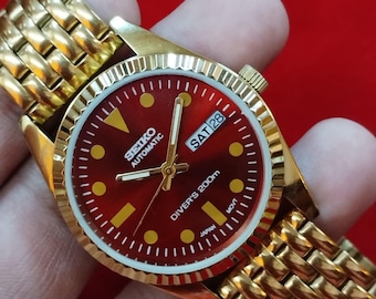 Montre-bracelet automatique Seiko 5, date du jour, cadran rouge doré, 35 mm, collection homme, remise à neuf