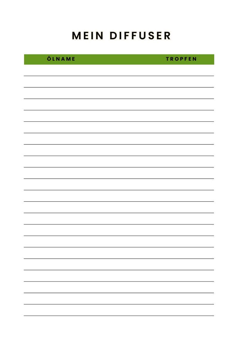 May include: A white, lined journal with the title "MEIN DIFFUSER" in black text. The top of the journal has a green bar with the German words "&Ouml;LNAME" and "TROPFEN" in white text. The journal is designed for tracking essential oils.