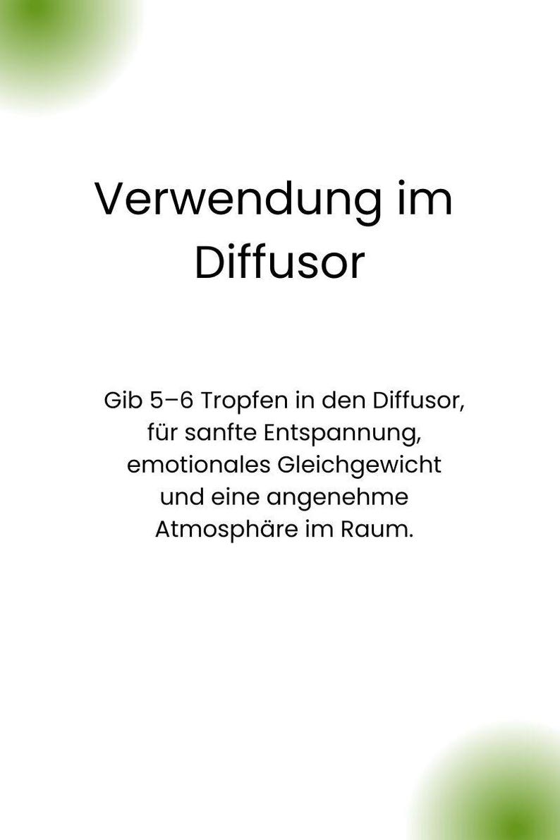 May include: White background with the text "Verwendung im Diffusor" and instructions in German. The text advises adding 5-6 drops to a diffuser for relaxation, emotional balance, and a pleasant atmosphere.