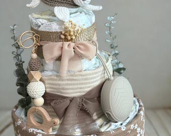 Neutral diaper cake with turtle design – Diaper cake with turtle and natural pearls, gift for newborns, neutral baby gift, for boys and girls