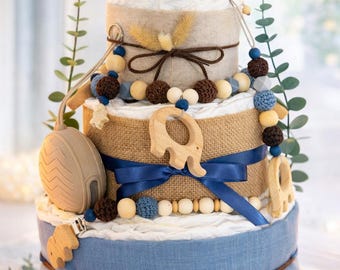 Windeltorte Junge „ Elefant" royalblau und braun handgemachte Windeltorte, Geschenk zur Geburt, Babygeschenk personalisiert