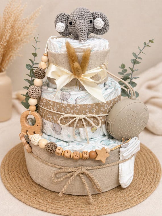 Windeltorte personalisiert | Geschenk zur Geburt handgefertigt | Babyparty Geschenk Junge Mädchen Unisex | Windeltorte mit Name | Elefant
