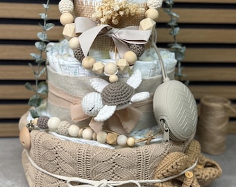 XXL turtle diaper cake, neutral design, with baby blanket and baby shoes, perfect for any occasion, a gift for a newborn in cream-brown.