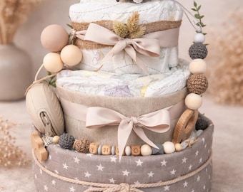 Personalized Elephant Diaper Cake | Baby Boy Gift (Neutral) | Diaper Gift with Pacifier Chain & Rattle | Christening Gift