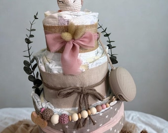 Pink and cream diaper cake with deer and natural pearls, baby gift, neutral baby gift, girl, personalized