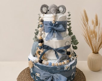 Diaper cake for a boy, blue elephant, baby gift, christening gift, personalized, handmade for birth
