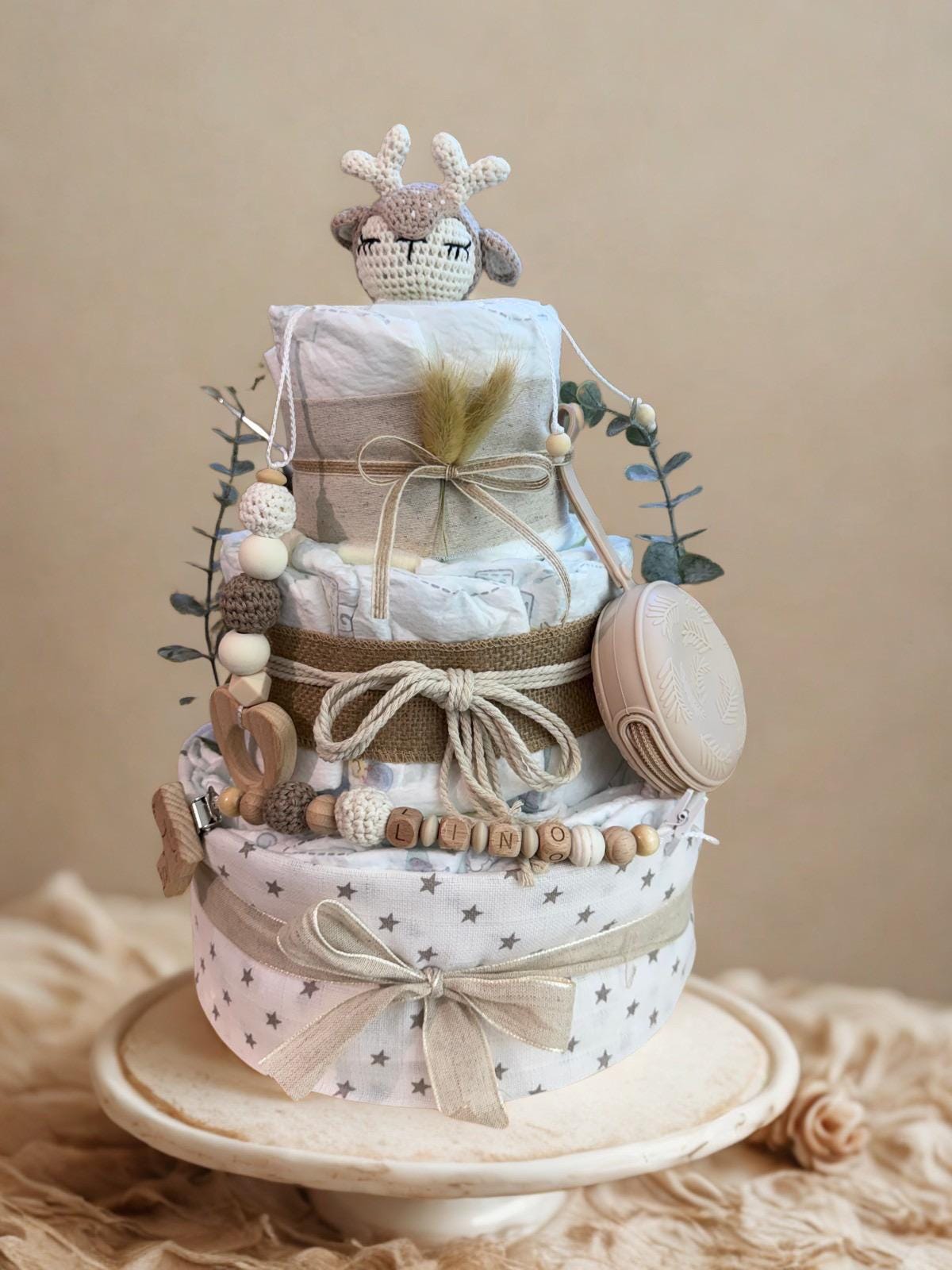 Diaper cake for girls, baby shower gift, boho diaper cake for girls, handmade, personalized (Personalized Boho Deer Diaper Cake Girls -)