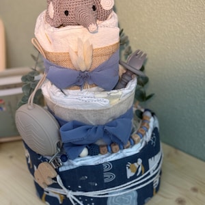 Torta di pannolini blu, torta di pannolini bambino, elefante, regalo per neonati, regalo per battesimo, fatto a mano e personalizzato