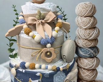 Personalized diaper cake with cow – baby boy gift in blue & natural | Premium gift for newborns