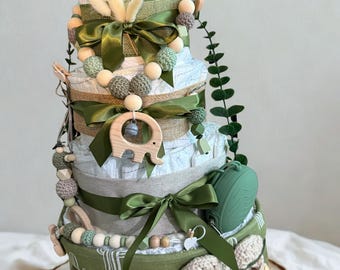 Windeltorte neutral Olivgrün, Geschenk zur Geburt, Baby Geschenk neutral,Junge und Mädchen , Baby Party Geschenk,personalisiert ,handgemacht