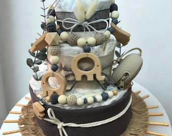 Elephantino diaper cake, handmade, personalized in anthracite/cream, birth gift, diaper cake for girls and boys