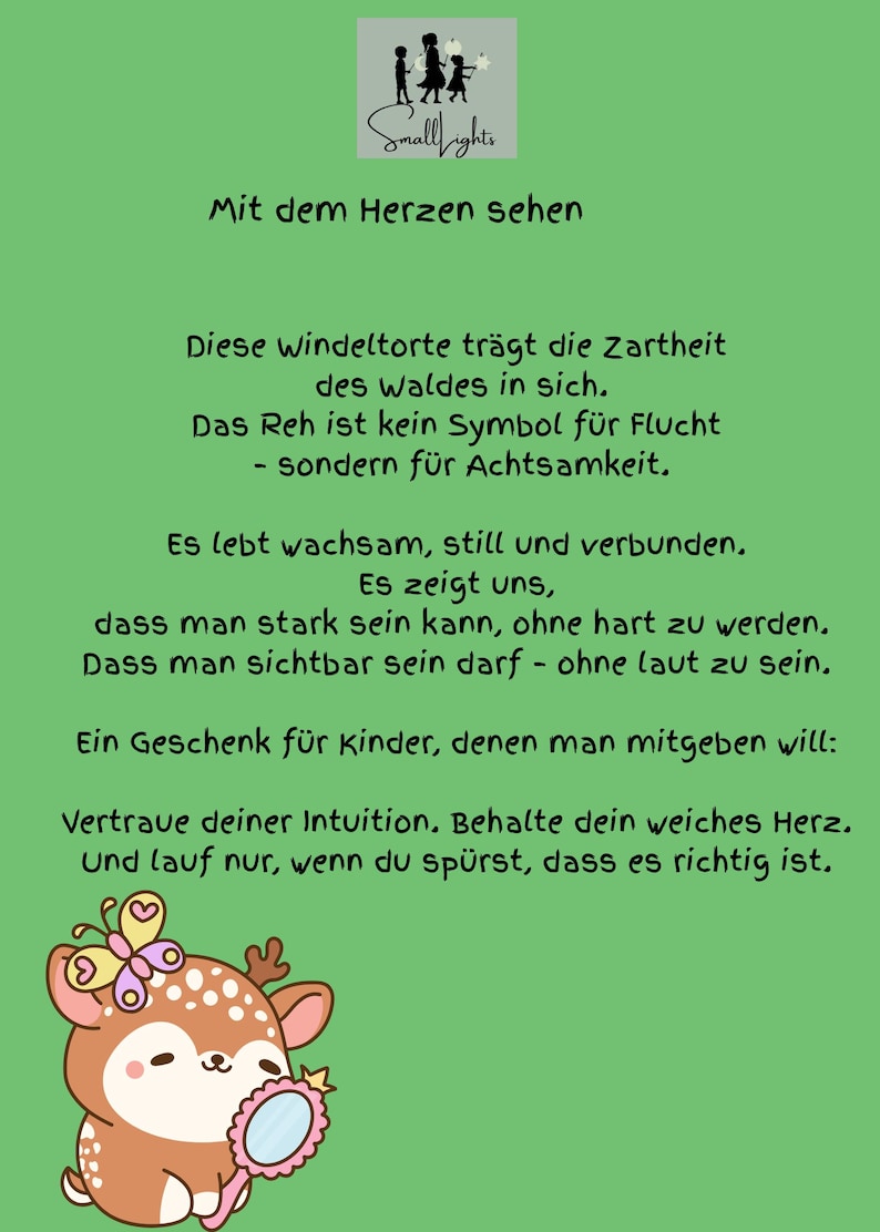 K&ouml;nnte beinhalten: Ein gr&uuml;ner Hintergrund mit deutschem Text und einem Cartoon-Hirsch, der einen Spiegel h&auml;lt. Der Text handelt von Intuition und Freundlichkeit. Das Bild zeigt auch ein Logo mit Silhouetten von Personen.