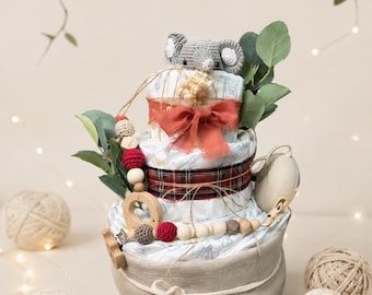 Elegant Diaper Cake - Soft Strength Diaper Cake with Elephant, Gift for Birth, Neutral Baby Gift, Boy and Girl, Handmade