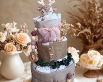 Diaper Cake Retro Girl, Pink Elephant/Deer, Diaper Cake Girl, Personalized Diaper Cake, Baby Party Gift