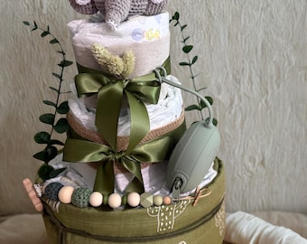 Neutral diaper cake, personalized green elephant diaper cake, handmade unisex baby gift for christening & birth