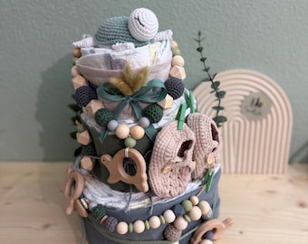 Diaper cake turtle, handmade baby gift with crochet rattle, booties and wooden beads, neutral green-grey, birth boy and girl