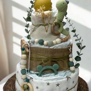 Diaper cake neutral dino, handmade, baby gift for birth, baptism or baby shower, diaper cake for girls, diaper cake for boys