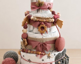 Pink Diaper Cake "Gentle Strength" - Diaper cake with elephant and natural pearls, gift for newborns, baby girl gift