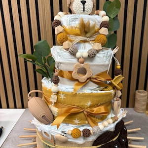 Diaper cake neutral dog, unisex diaper cake, gift for birth, baby shower or baptism, handmade and personalized