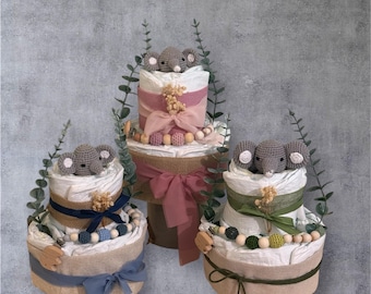 Windeltorte Mädchen, Junge, neutral  mit Häkelelefant – handgefertigt & nachhaltig | Geschenk zur Geburt oder Babyparty